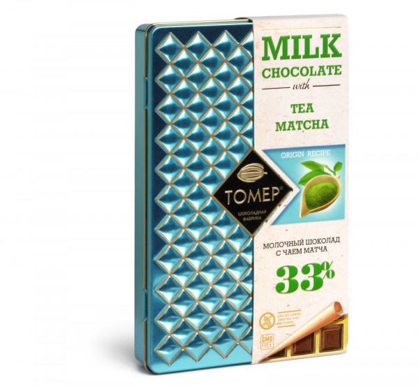 №1 Фабрика Томер металлический бокс Молочный шоколад с чаем МАТЧА ,33%  90г в Ишиме